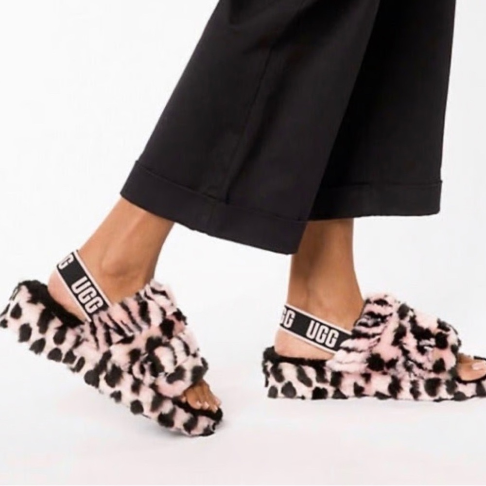 UGG Women's Pink and Black Fluffy Slippers